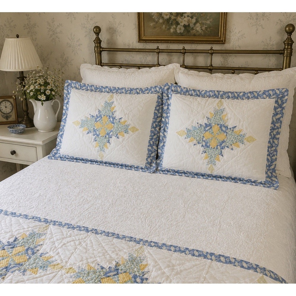 Vintage Pair Quilt Pillow Shams Blue Yellow Patchwork Star Floral Cottage 21x27